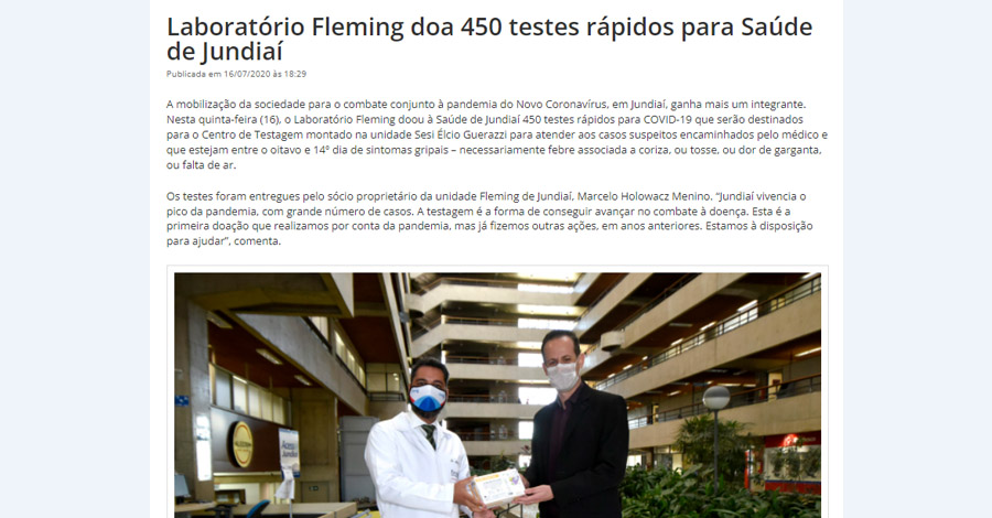 Laboratório Fleming doa 450 testes rápidos para Saúde de Jundiaí